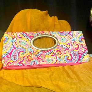 Pink floral clutch with metal handle